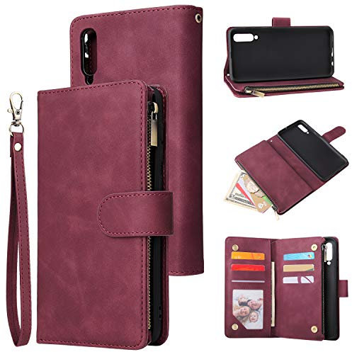 QLTYPRI Hülle für Samsung Galaxy A50, Premium Leder Handyhülle mit Große Kapazität 6 Kartenfach & 1 Reißverschluss Tasche Ständer Schutzhülle für Samsung Galaxy A50 - Rot