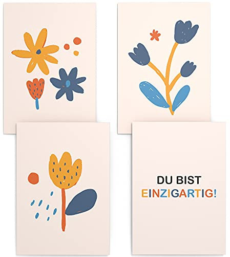 Papierschmiede® Kinderposter 4er Set, DIN A4 (21x30 cm) Wanddeko, Geschenk für Mädchen & Jungen Kinderzimmer Babyzimmer, Tulpen Sommerkind, Blumen Malerei