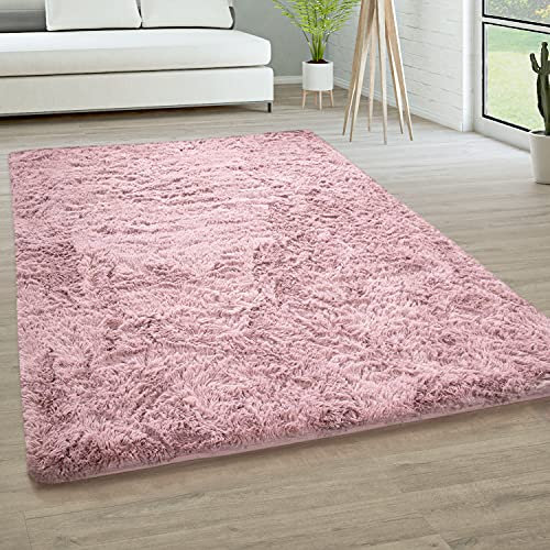 Paco Home Hochflor Teppich Wohnzimmer rutschfest Fellteppich Shaggy Flauschig Weich Modern Kunstfell Fell Imitat Einfarbig, Grösse:140x200 cm, Farbe:Alt-Rosa