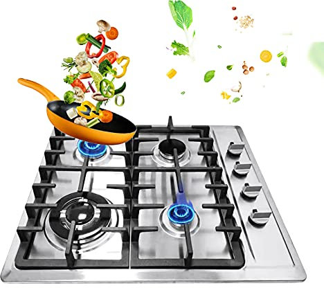 Encimera de gas, 4 fuegos, acero inoxidable, hornillo de gas integrado, cocina de gas natural / propano de gas, 580 × 500 mm para cocina