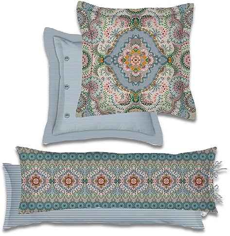 Pip Studio Dekokissen Majorelle Carpet Blue Blau Blumen Blüten Wendeoptik Geblümt Streifen Gestreift Perkal Zierkissen, Größe:45 x 45 cm
