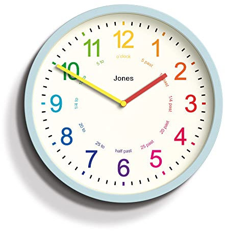 JONES CLOCKS® Kids wanduhr | Kleine Moderne kidszimmeruhr | 25cm | Blassblau | Buntes zifferblatt zum erlernen des zeitablesens
