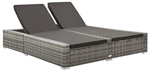 Hommdiy Doppel Sonnenliege 2-Personen Gartenliege Doppelliege Relaxliege Gartenmöbel Saunaliege Liege Freizeitliege Poly Rattan Grau