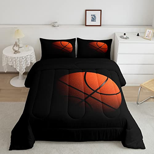 Bettwäsche-Set für Jungen, 3D-Basketball, King-Size-Dekoration, für Kinder, Sport, Basketball, Schwarz und Gelb, 3-teiliges Set