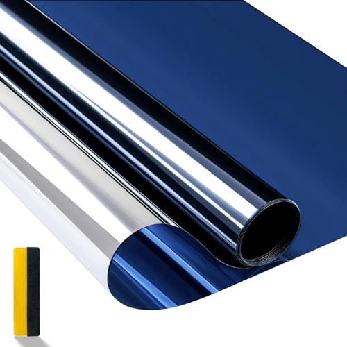Zindoo Spiegelfolie Fensterfolie von innen durchsichtig von aussen Blickdicht Sonnenschutzfolie Selbsthaftend UV-Schutz Fensterfolie Trübes Blau Silber 40 x 200 cm