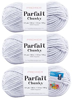 Bella's Crafts Premier Yarns Parfait Chunky - 3.5 Oz - #6 Super Bulky Weight - 3 Pack Bundle with 10 Stitch Markers (Cloudy Day)