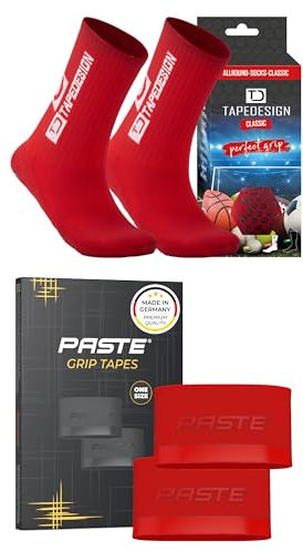 PASTE - XL 2er Set: TAPEDESIGN Fußball-Socken (Classic) Schienbeinschonerhalter (rot) - Sport- & Fussball-Socken mit Schienbeinschoner Halterung & Sport-Socken Kinder, Herren, Damen