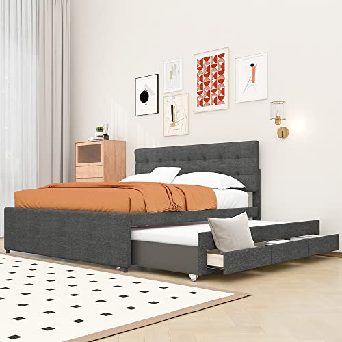 Merax Polsterbett 140 x 200 cm mit 3 Schubladen, Doppelbett Bettgestell mit ausziehbares Bett, Familienbett mit Lattenrost und Höhenverstellbarem Kopfteil, Leinenmaterial, ohne Matratze, Grau