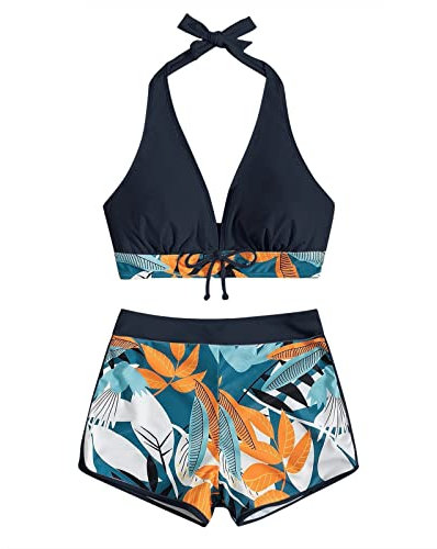 Maillot De Bain Menstruel Maillot De Bain Deux PièCes pour Femmes Bandeau Sexy Bikini Maillot De Bain Push Up Rembourré Et Boxer De Bain Imprimé HawaïEn Piscine pour Nager Swimwear(Noir,M)