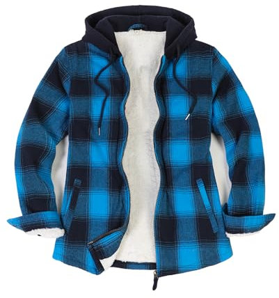 ZENTHACE Flanell-Hemdjacke mit Kapuze für Damen, Sherpa-Futter, durchgehender Reißverschluss, für Herbst und Winter, kariert, Midnight Ocean, M