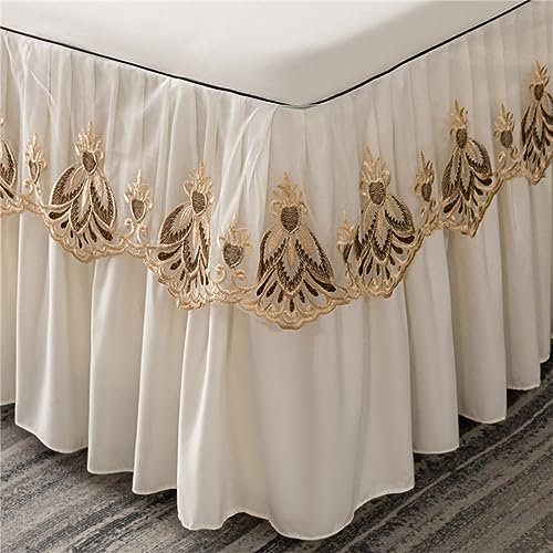 Odot Bettrock Rüschen, Vintage Stil Spitze Design Solide Farbe Spannbettlaken mit Volant Elastische Bettvolants Matratzenschoner Spannbetttücher Spannbetttuch Bettlaken (150x200cm,Cremeweiß)