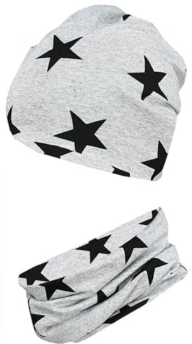 TupTam Jungen Beanie Mütze Schlauchschal Kinder 2er Set Herbst Winter gefütterte Übergangsmütze mit Loop, Farbe: Jersey zweilagig - Sterne Schwarz Grau, Hat Size: 52