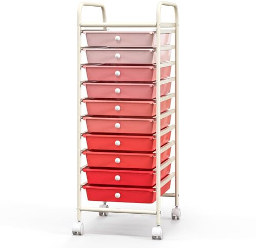 COSTWAY 10 Drawers Storage Trolley, Home Office Stationary Rolling Cart with 4 Wheels, Multipurpose Mobile Organiser Shelving Unit for Makeup Beauty Salon (Gradient Pink)