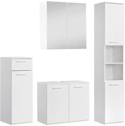 mokebo® Badmöbel Set 4-teilig aus Holz 'Der Steuermann', Badezimmer Set oder Komplettset mit Unterschrank, Beistellschrank, Spiegelschrank und Hochschrank, Badezimmerschränke in Weiß