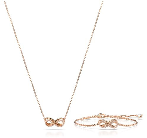 Swarovski Hyperbola Set, Rosé Vergoldete Halskette und Armband mit Unendlichkeitssymbol und Strahlenden Swarovski Kristallen