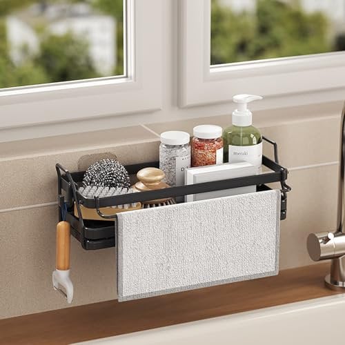 ASYEHJNR Schwammhalter Wandhalterung Küchenspüle Organizer Geschirrschwammhalter mit Trennwand Küchenspüle Caddy Spülbecken Zubehör - Schwarz