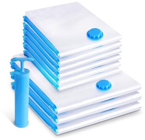 VOUNOT® Bolsas de Almacenaje al Vacío 10 Unidades, Juego de 9 Bolsas de Compresión y 1 Bomba Manual, Ahorro Espacio, para Guardar Ropa, Ropa de Cama, Edredones, Almohadas, Mantas, Reutilizable