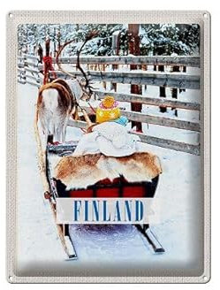 Blechschild 40 x 30 cm Finland Motiv: Ski Schlitten mit Elch - DekoNo7