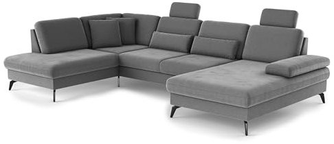 Cavadore Wohnlandschaft Moritz / Sofalandschaft mit Longchair, Bett, Bettkasten, Sitztiefenverstellung, Kopfstützen und mattschwarzen Metallfüßen / 212 x 82-107 x 335 / Mikrofaser, Mittelgrau