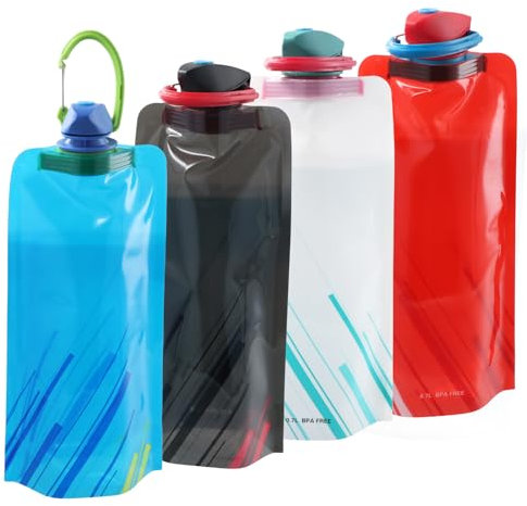 Shengxi 700ML Bouteilles d'Eau Pliable Lot de 4 Sac d'eau en Plastique avec Mousqueton Reutilisable Gourde Souple Pliable Gourde Pliable Sans BPA pour la Randonnée, les Aventures, les Voyages