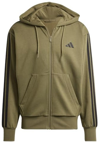 adidas Uomo Essential Three Stripes Fleece Zipper Hoodie, Olive Strata/Black, XXL