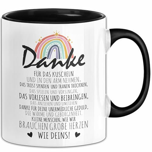 Erzieherin Abschiedsgeschenk Tasse Abschied Kindergarten Geschenkidee Kaffee-Becher Spruch Danke Für Das Kuscheln (Schwarz)