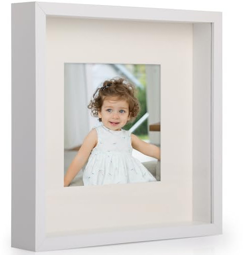 Anhow 3D Bilderrahmen 30x30 cm, Echtglas 3D Bilderrahmen zum Befüllen 3cm Tiefer Objektrahmen mit Beige Passepartout Passend für 20x20 cm Fotos - Weiß