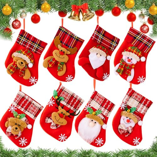FaJoek Mini Weihnachtsstrumpf 8 Stück Weihnachtsstrumpf Set, Flachs Nikolausstrumpf, 3D Nikolaussocke, Kleine Weihnachtsstrümpfe, Weihnachtssocken Zum Aufhängen & Befüllen (S, Style B)