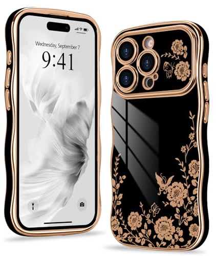 Wirvyuer for iPhone 15 Pro Case Plating Wave Frame Floral, Black | Cute Flower Phone Case Curly Frame with Luxury Gold Plated Bumper, Shockproof Raised Full Camera Protection Cover for Women