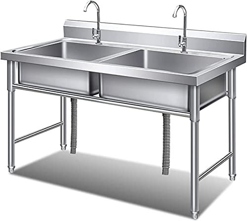 JXDWTL Fregadero de Cocina Fregadero Comercial de Acero Inoxidable con Protector contra Salpicaduras Alto, Fregadero para lavandería de jardín, Fregadero de Servicio Independiente de Doble cubeta