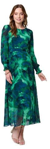 Izabel London Printed Long Sleeve Chiffon Midi Dress for Women UK with a Round Neck and a self-tie Belt.