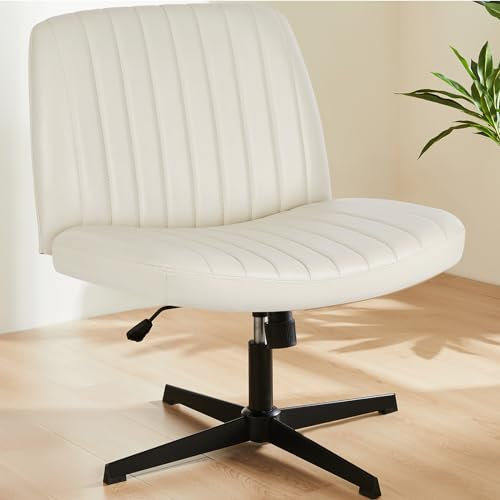 Sweetcrispy Bürostuhl Ohne Armlehnen, Schreibtischstuhl mit PU-Leder, Lesesessel mit Breiterem Polster zum Sitzen im Schneidersitz Stuhl, Höhenverstellbar, 360° Drehstuhl für Haus, Beige, Beige