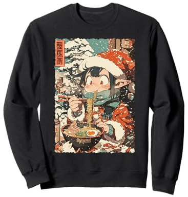 Funny Christmas Anime Kawaii Elf Girl Eating Ramen Noodles Sweatshirt