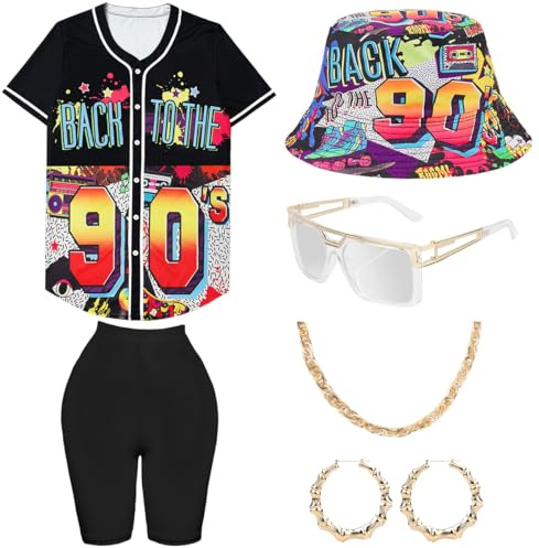 80er 90er Jahre Outfit Damen, Hip Hop Kostüm Lockere Oberteile Yoga Hose Fischerhüte Gläser Ohrringe Halskette, 1980 Accessoires Bunte Rapper Shirt Karneval Mottoparty Bad Taste