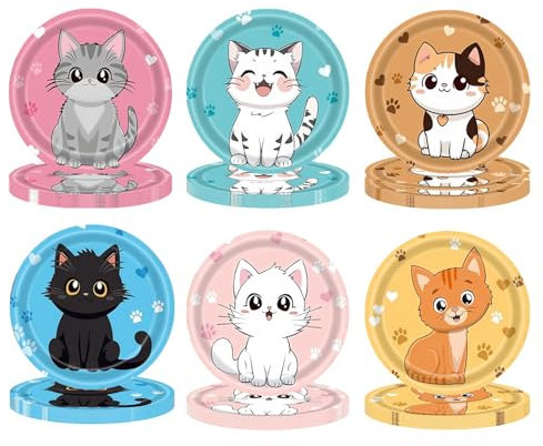 MaitianGuyou Lot de 60 assiettes de fête sur le thème du chat, assiettes à dessert en papier jetables pour fête prénatale (6 couleurs) - 17,8 cm