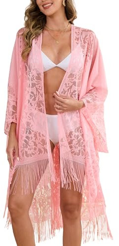 colornival Sexy Elegant Lace Kimono Beach Cover Up for Women, Lightweight Open Front and Fringe Kimono for Holidays, Poolside, Seaside and Party Pink