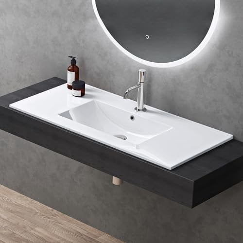 doporro Lavabo de Baño Rectangular Empotrado de Cerámica, 100cm, Blanco Brillante, con Desbordamiento y Orificio para Grifo Brüssel912