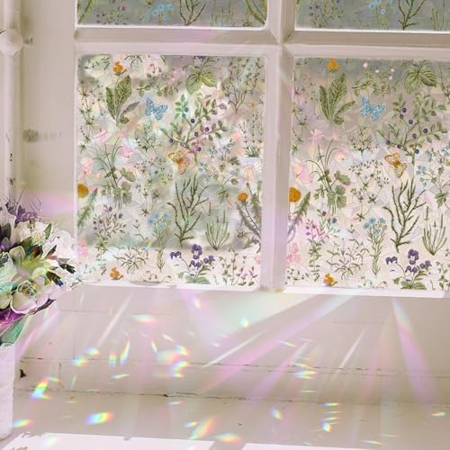 ChicSkin Regenbogen-Fenster-Sichtschutzfolie, Aquarell-Buntglas-Fensterfolie, kein Kleber, nicht klebende dekorative Glasfolie für Schlafzimmer, Wohnzimmer, Küche, Badezimmer, Büros, Frühlingsblumen