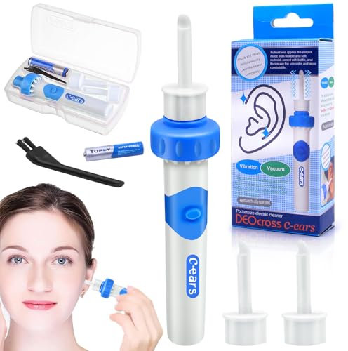 YESLUSY Removedor de Cerumen, Removedor de Cerumen Eléctrico Seguro y Suave con 2 Cabezales de Repuesto Lavables y Pilas, Limpiador de Oídos para Niños y Familias