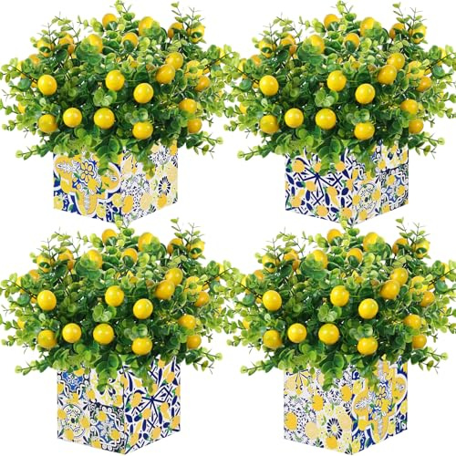 4 Sets blaue Fliesen, Zitronen-Tischdekoration, Box und 16 künstliche Zitronenzweige Amalfiküste, Capri, Positano, Zitrone, Partyzubehör für Capri, mediterran, Hochzeit, Geburtstag, Babyparty