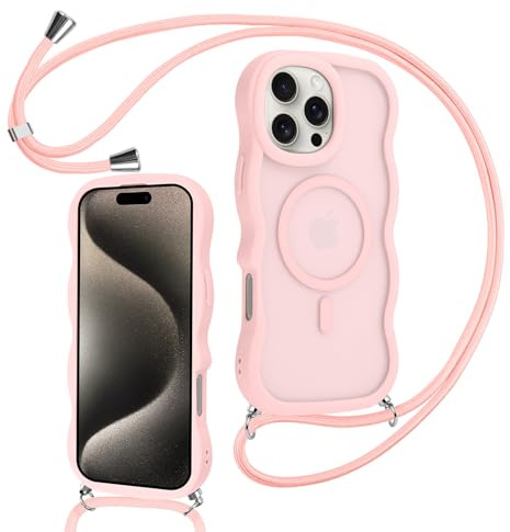 Knrlqim Coque Magnétique pour iPhone 15 Pro Max avec Cordon,Compatible avec MagSafe,Translucide Mat Cadre Ondulé Vague Bouclée Coque, Réglable Collier Lanière Étui Lanyard Case Antichoc Housse,Rosa