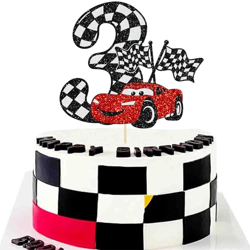 Gyufise 1Pc Race Car 3rd Cake Topper Glitter 3rd Racing Car Birthday Cake Topper Decoration for Racing Car Checkered Flag Themed Girl Boy 3 Years Birthday Party Supplies