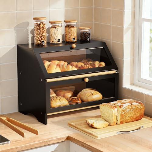 Pamapic Bread Bin, 2-Layer Bamboo Bread Box, Kitchen Storage Box with Cutting Board & Bread Tong, Food Container with Clear Window, Partially pre-installed, 39x25x32cm, Black