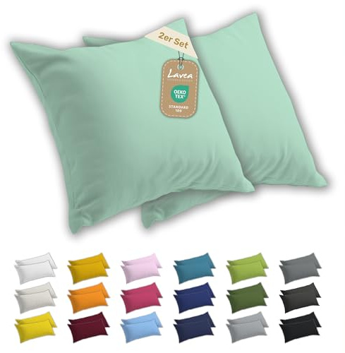 Lavea® 2er Set Kissenbezug 50x50 - Eukalyptus | 100% Baumwolle Jersey – Weiche Kissenhülle & Kopfkissenbezüge, OEKO-TEX® Standard