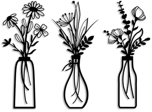 3 Stück Metall Blumen Wanddekoration Schwarz, Wanddeko Metall Blumenvasen Rustikale Wandkunst Dekor für Wohnzimmer Schlafzimmer Flur Esszimmer, Minimalistische Wandbilder Art Wanddeko Vintage Stil