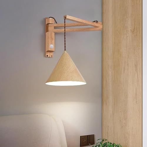 LOGT Verstellbare Wandleuchte Holz Schwenkarm Wandlampe mit Schalter Innen Retro Wandbeleuchtung Verstellbare Lange Arm Wand Leselampe Retro Nachttischlampe E27 für Wohnzimmer Schlafzimmer,B