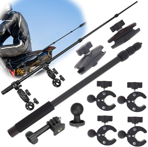 Motorrad-Halterung für Insta360 X5/X4/X3, 150 cm unsichtbarer Selfie-Stick | Doppelstütz-Klemmset mit 4 gepolsterten Rohrklemmen, 2 Verbindungsarmen und 40–150 cm Teleskop-Selfie-Stick.