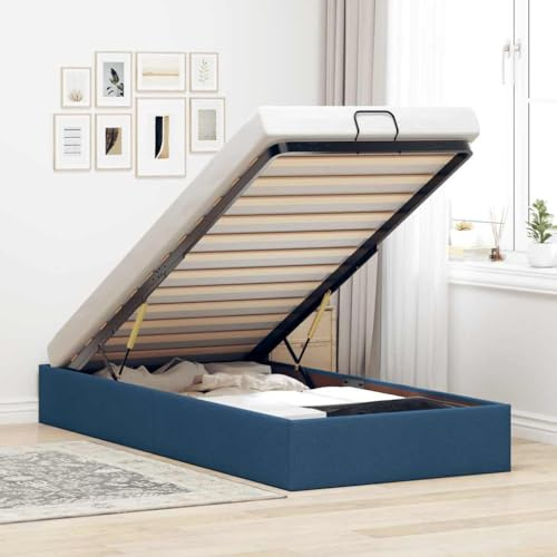 QJBSAVVA Ottoman Single Bed Frame 80x200 cm in Blue Fabric with Hydraulic Storage Lift Up Slatted Base Sturdy Upholstered Daybed for Bedroom Guest Room Teen Room
