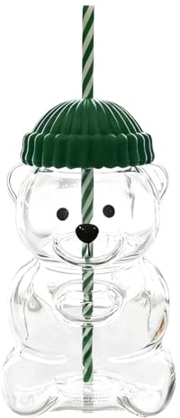 LUYIEDHA Orso Bicchiere In Vetro Con Coperchio e Cannuccia, Tazza con cannuccia a forma di orso, Tazze in Vetro da Caffè, Riutilizzabile, per Cocktail, Frappè, Succhi, Frullati, Birre (A)