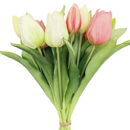 duoyif Künstliche tulpen, Tulpenbündel mit 6 Tulpen und 4 Tulpenknospen | Tulpe Kunstblumen wie echt, Tulpenblume Tulpenstrauß für Frühlingsdeko Hochzeit Hausgarten, Real Touch Tulip Farbe: rosa weiß